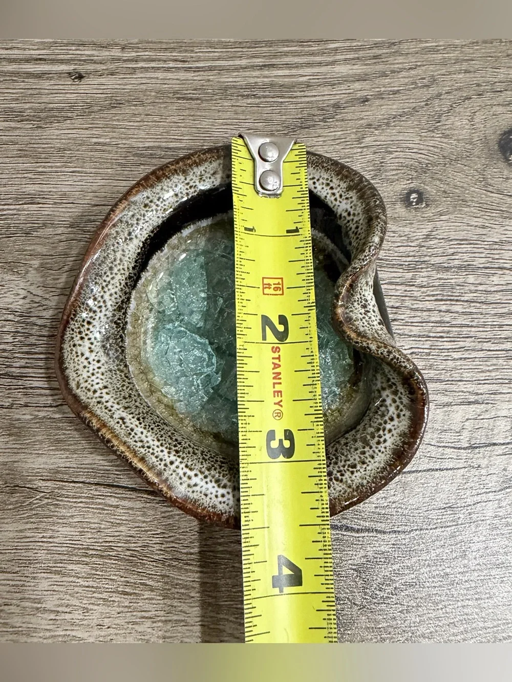 Heart Shape Art Studio Pottery Ashtray Crackle Glass Trinket Dish USA Teal Small
